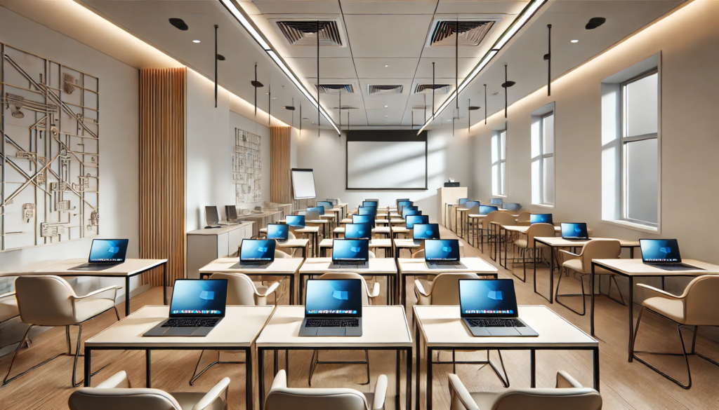 widok sali szkoleniowej z laptopami na stołach.